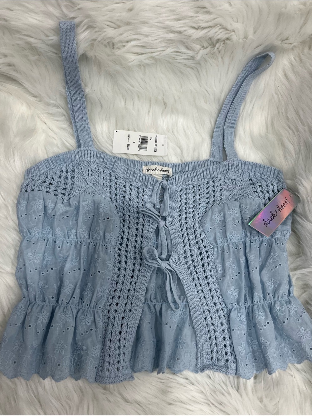 NWT‎ Derek Heart Pale Blue Eyelet Crochet Tie-Front Cami Top